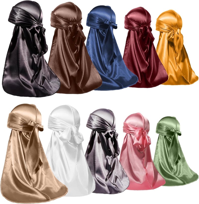 ForceWave 10 Pieces Silky Durags Long Tail for Women Men Satin Durag 360 Wave，Dorag, 10 Pieces - Image 1